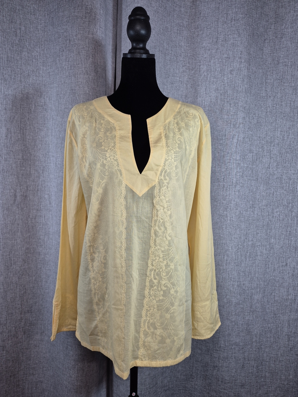 Womyn Yellow Cotton Lace Tunic Top Size Large Boho Long Sleeve Lightweight
